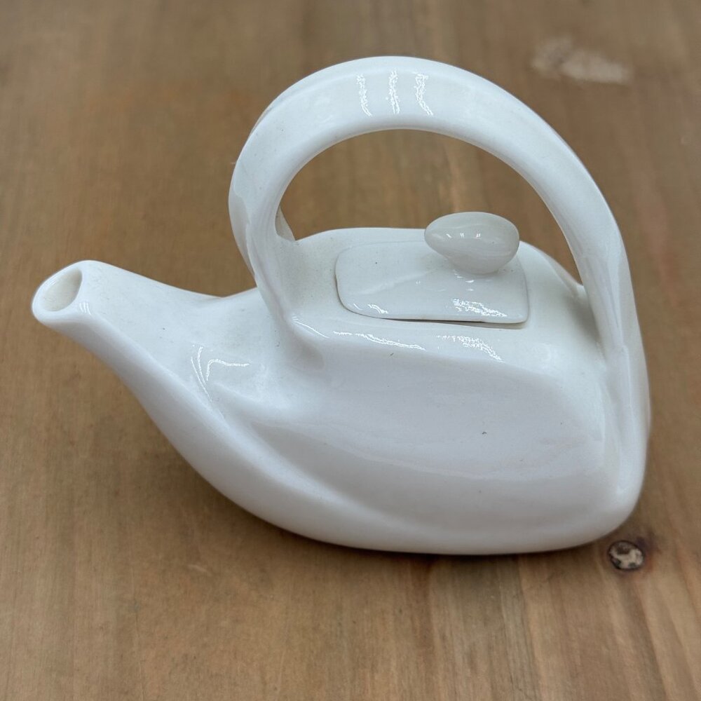 Miniature White Ceramic Teapot With Removable Lid Unique Handle Design Collectib